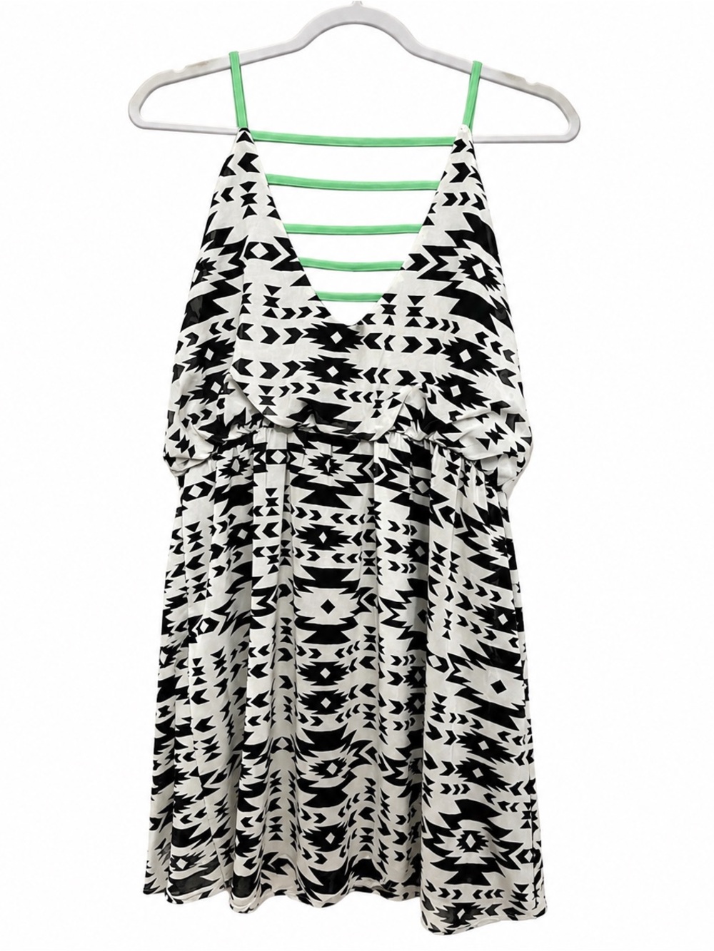 City Triangle Black and White Dress with Green Accents Boho